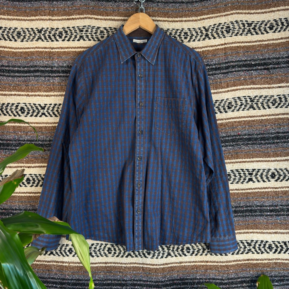 Carbon2Cobalt Mens Blue Brown Check Dobby Long Sleeve Button Down Shirt L